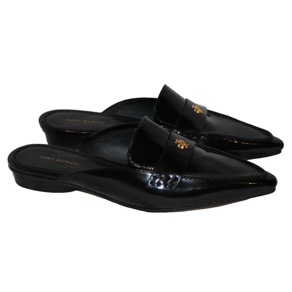 TORY BURCH BLACK PATENT LEATHER SLIP ON POINTY SLIDES MULES WOMEN NEW‎ - Picture 1 of 7